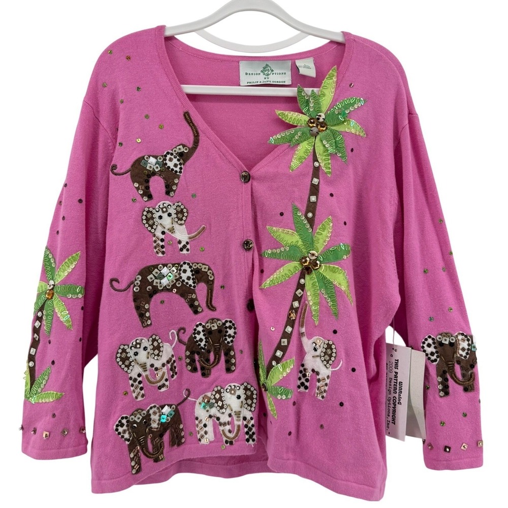 NWT Design Options Phillip & Jane Pink Elephant Embellished Cardigan Sweater